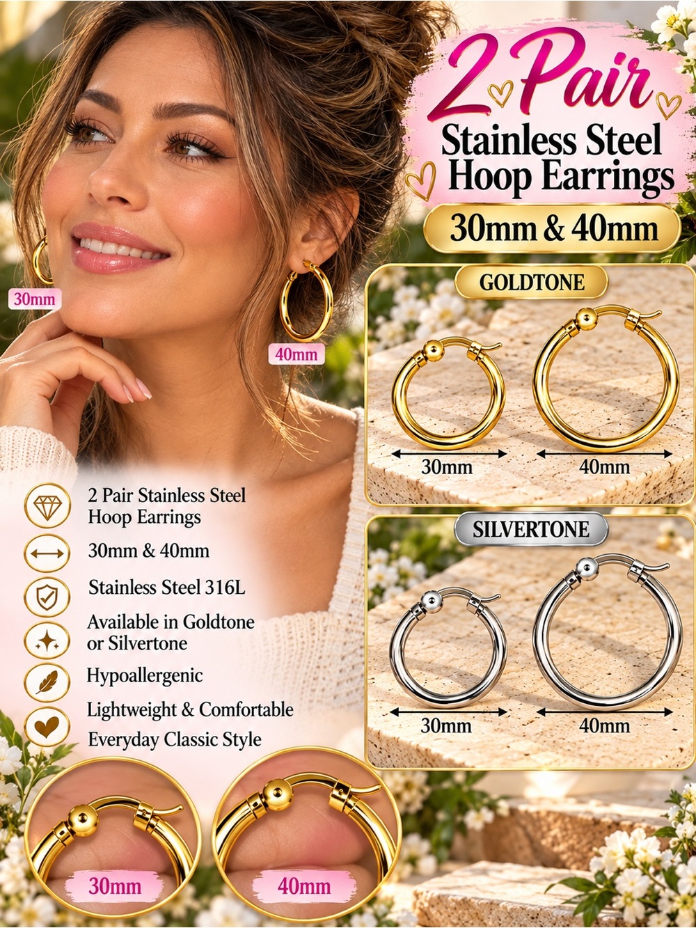 Goldtone Hoop Earring Set — 2 Pair Stainless Steel (30mm & 40mm)